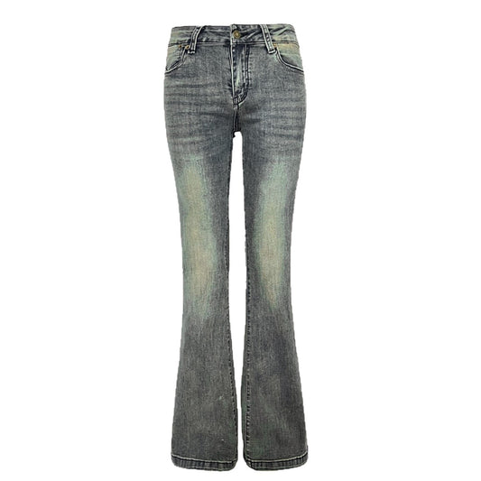 Flared Denim Pants for Women - Low Waist Slim Wide Leg Elastic Floor-Length Trousers
