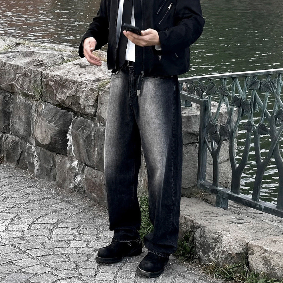 High-end Washed Denim Pants Men Autumn Loose Casual Straight Leg Pants Vintage Wide Leg Pants