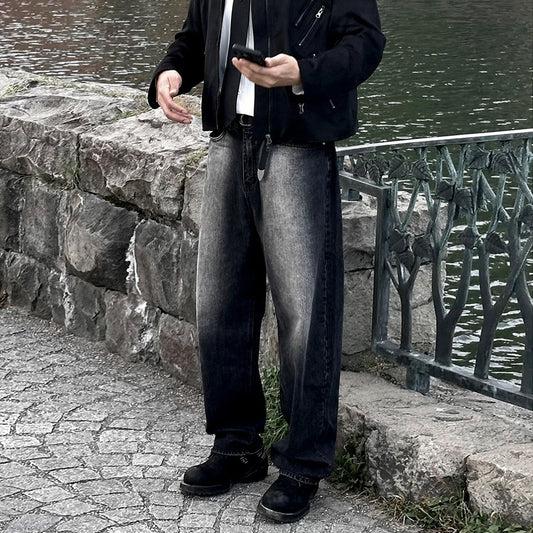 High-end Washed Denim Pants Men Autumn Loose Casual Straight Leg Pants Vintage Wide Leg Pants