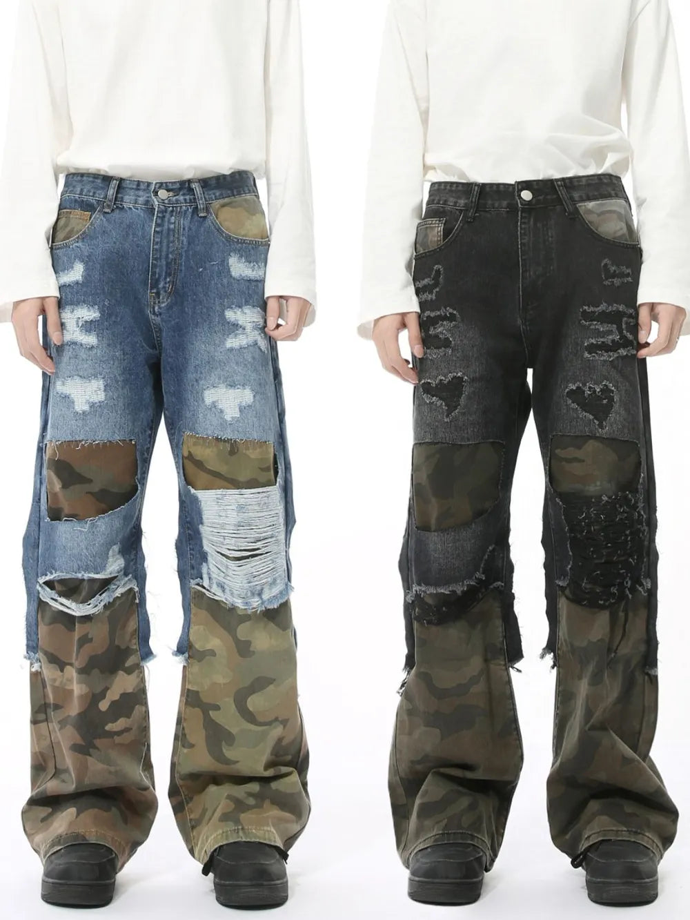 Distressed Camouflage Patchwork Jeans - Premium Japanese Denim