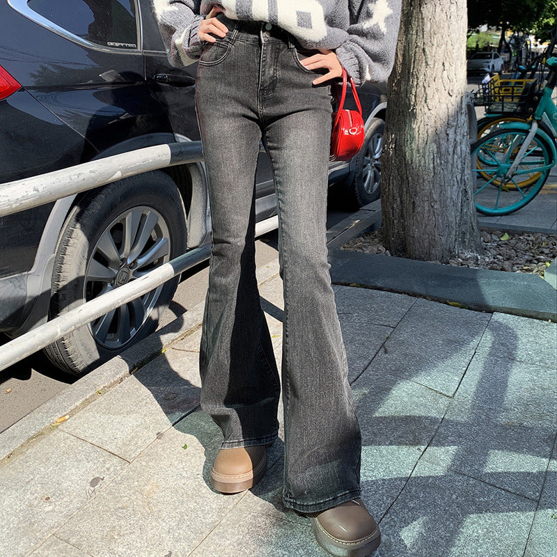 Women's Flared Jeans Double Button Elastic Fitted Versatile Flare Pants