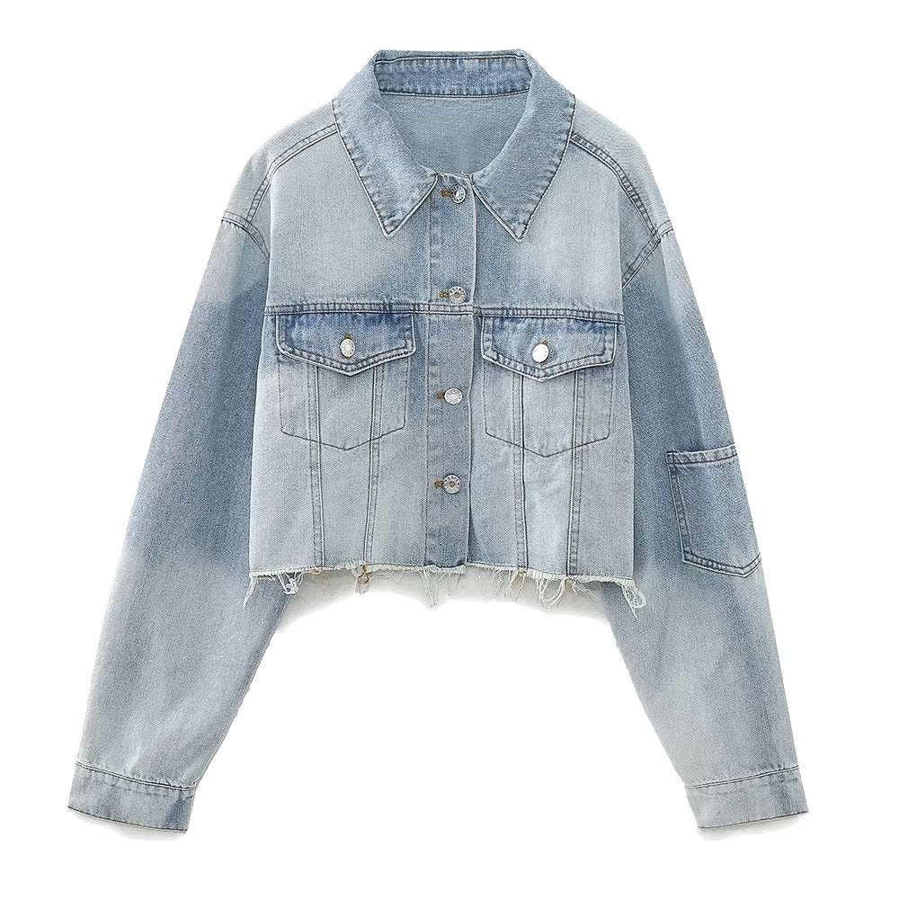 Vintage Denim Crop Jacket for Women with Long Sleeves and Front Buttons