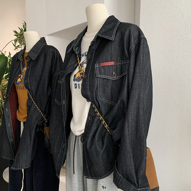 Warm Thickened Loose Mid-Length Open-Front Denim Jacket with Turn-Down Collar and Fleece Lining for Women