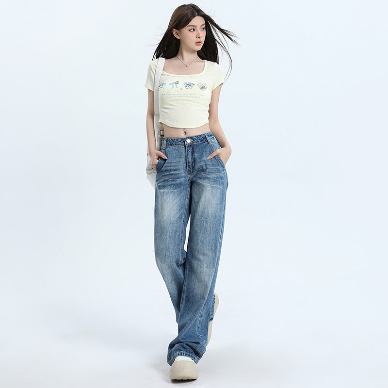 Women's Low Waist Flared Jeans with Cracked Design Long Pants