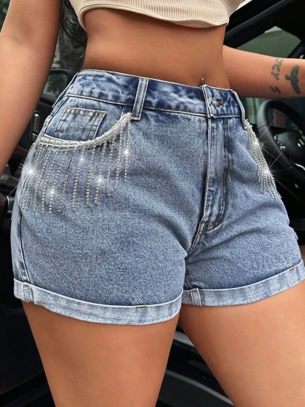 Stylish Rhinestone Fringe Denim Shorts for Women