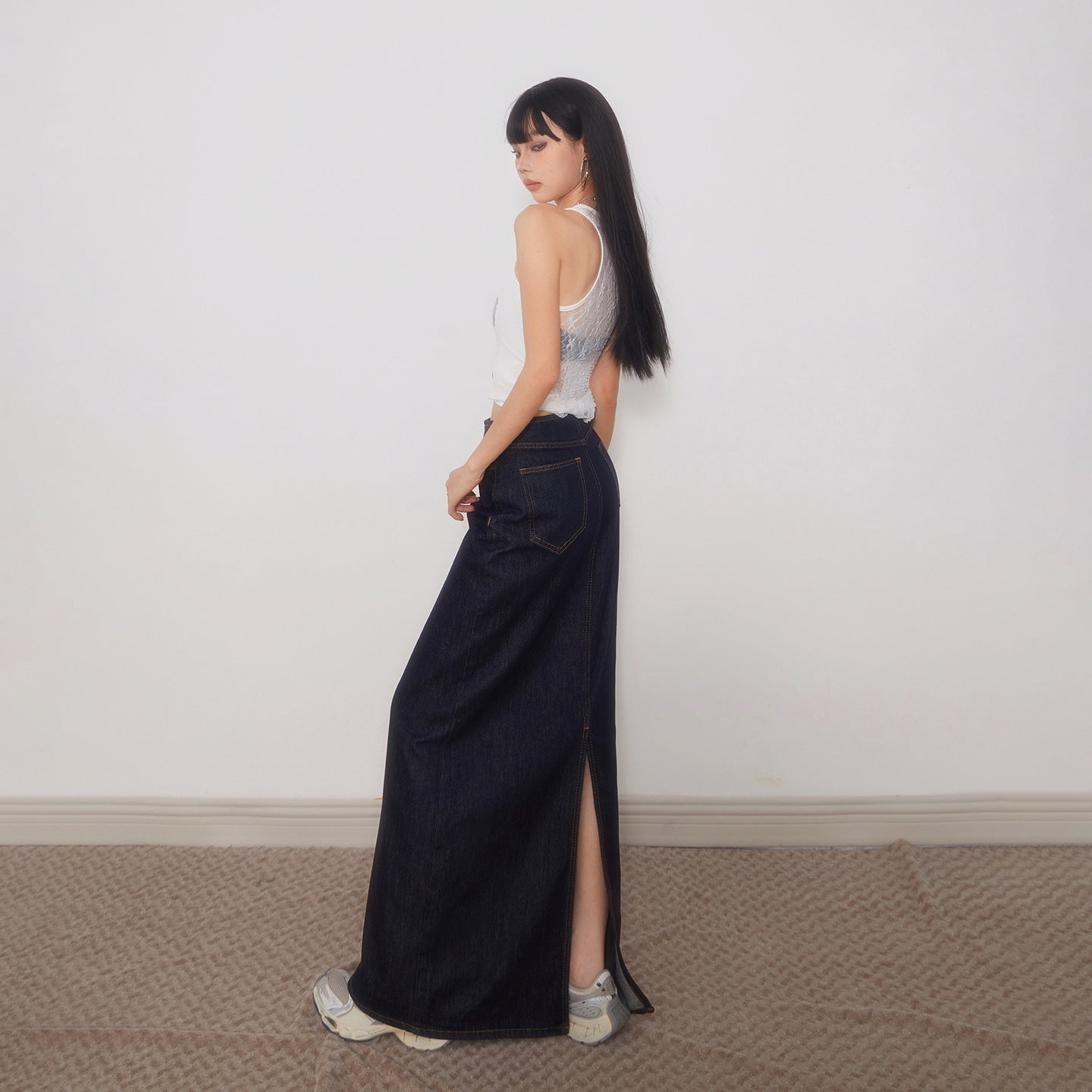 Tall Women's Dark Blue Denim Midi Skirt - Retro High Waist Straight Tube Skirt