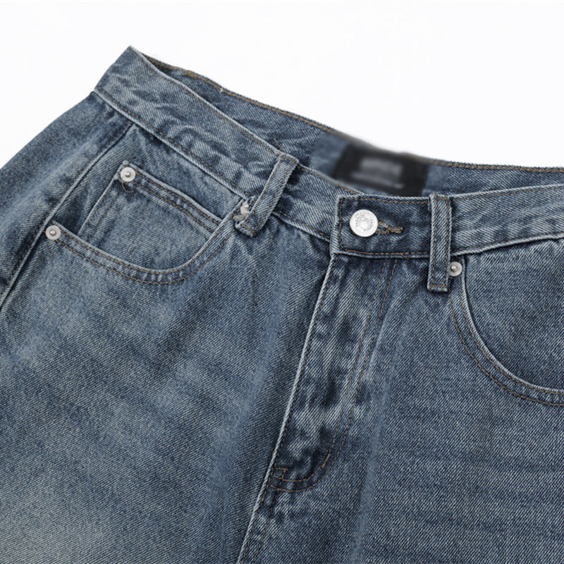 Men's Distressed Wide-Leg Denim Shorts with Patchwork