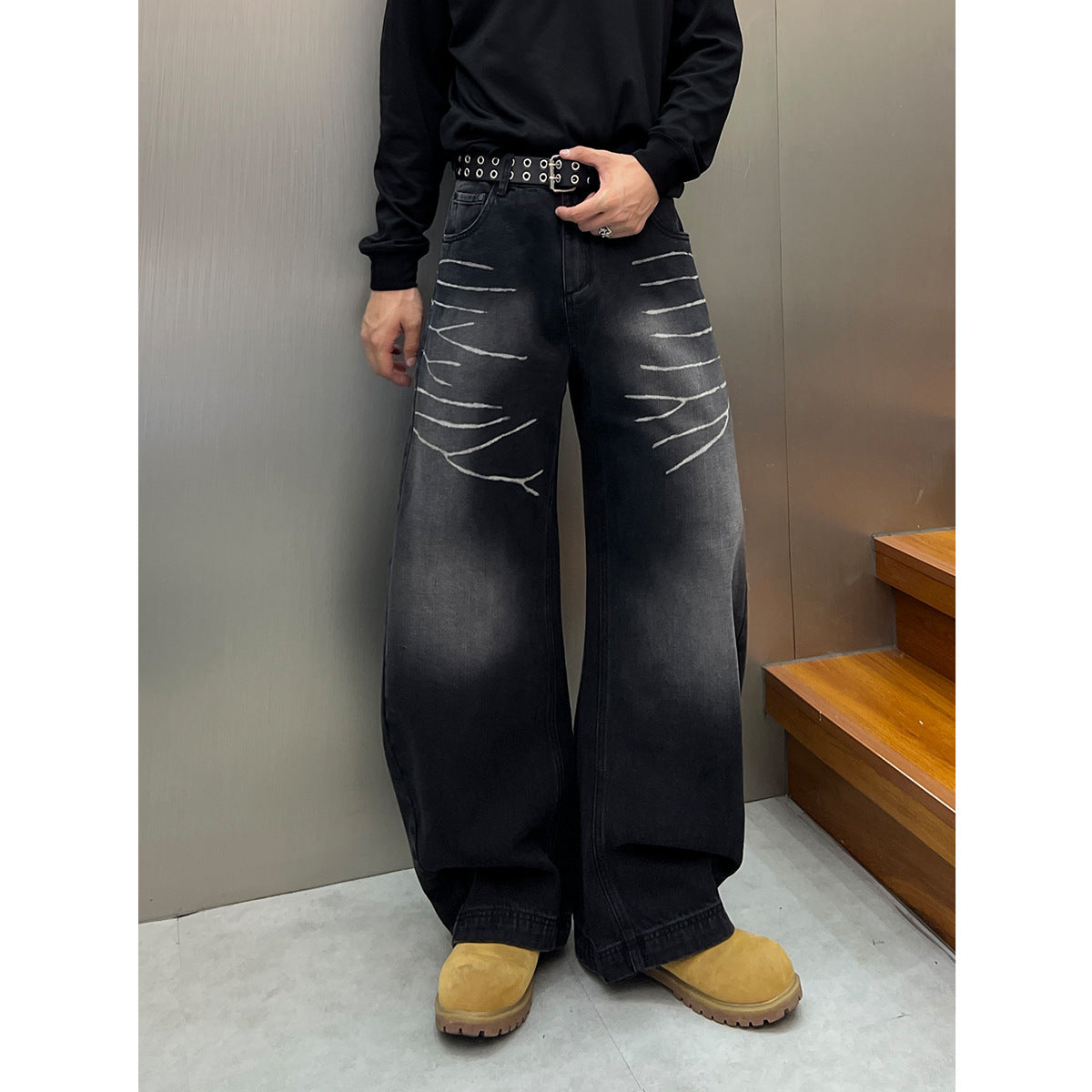 Washed Denim Loose Curved Knife Wide Leg Pants