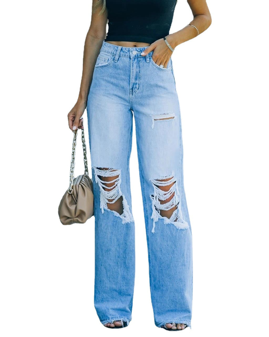 New Retro Hollow-out Flared Pants - Women's Casual Ripped Wide Leg Jeans