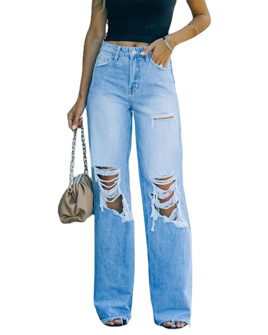 New Retro Hollow-out Flared Pants - Women's Casual Ripped Wide Leg Jeans