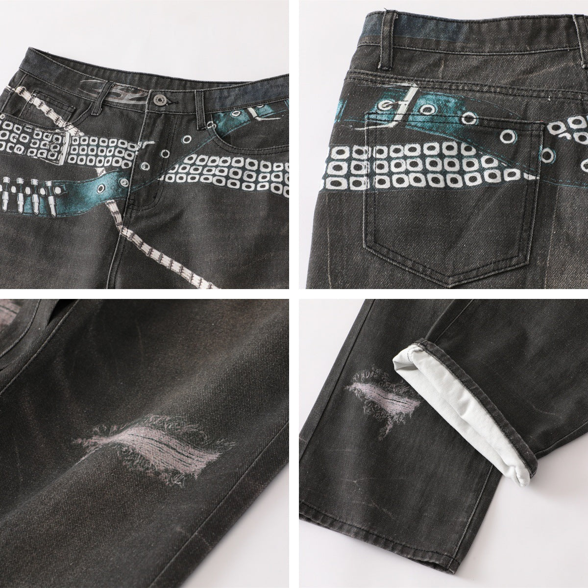 Unisex Loose Fit Denim Pants with Metal Waist Chain