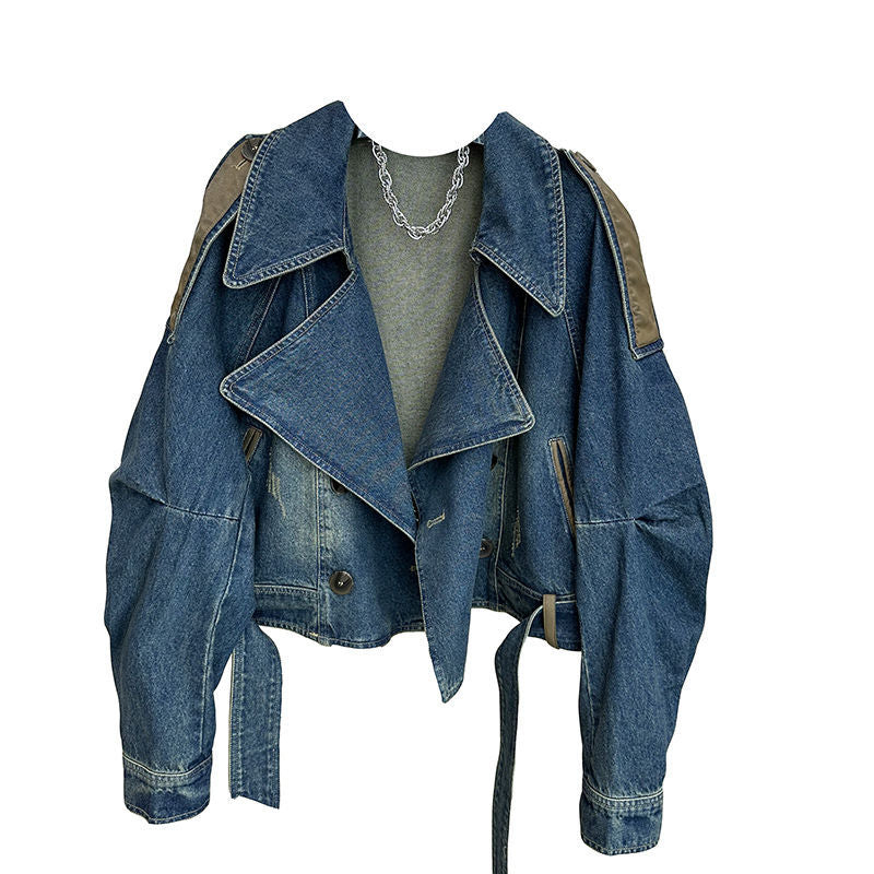 Women’s Vintage Y2K Patchwork Denim Jacket with Leather