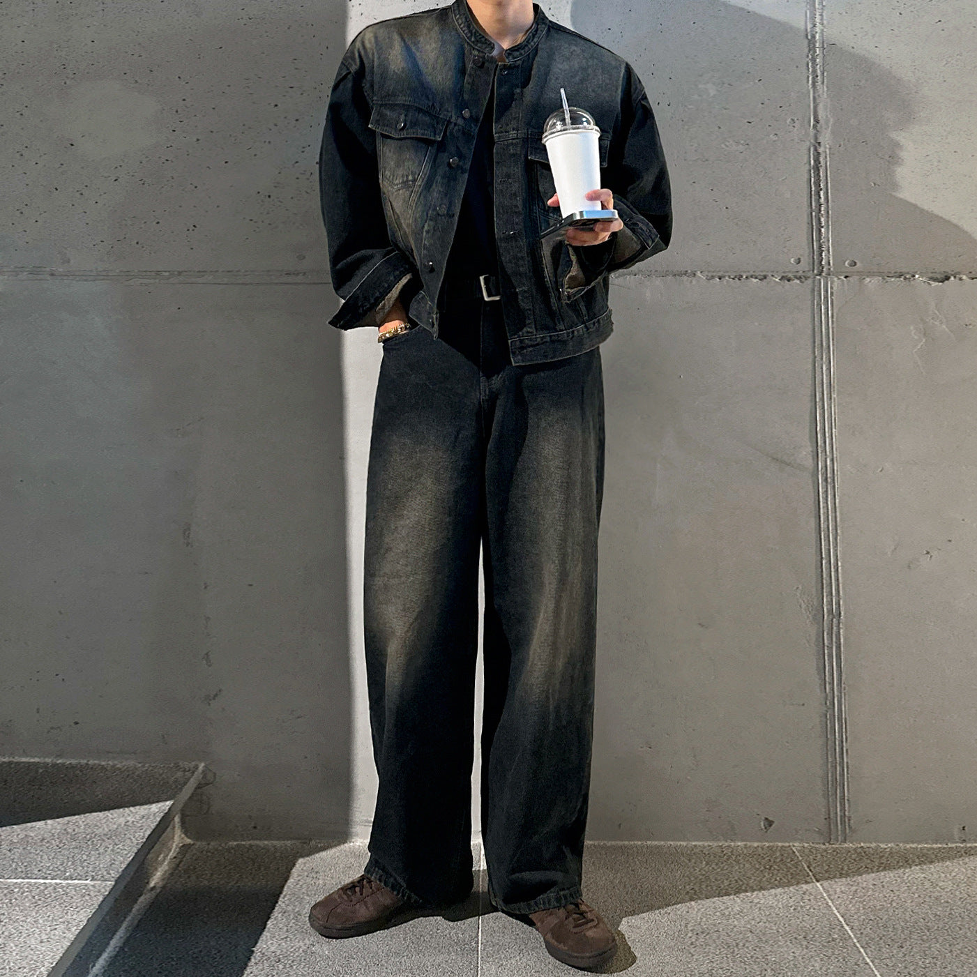 Retro Distressed Wide Leg Jeans Men's Spring Autumn Loose Denim Jacket Commute Fashion Set