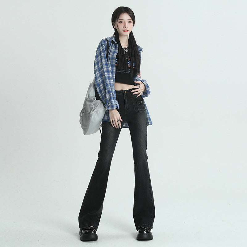 Women's Retro Orange Satin Flare Jeans with Multi-Pocket Design