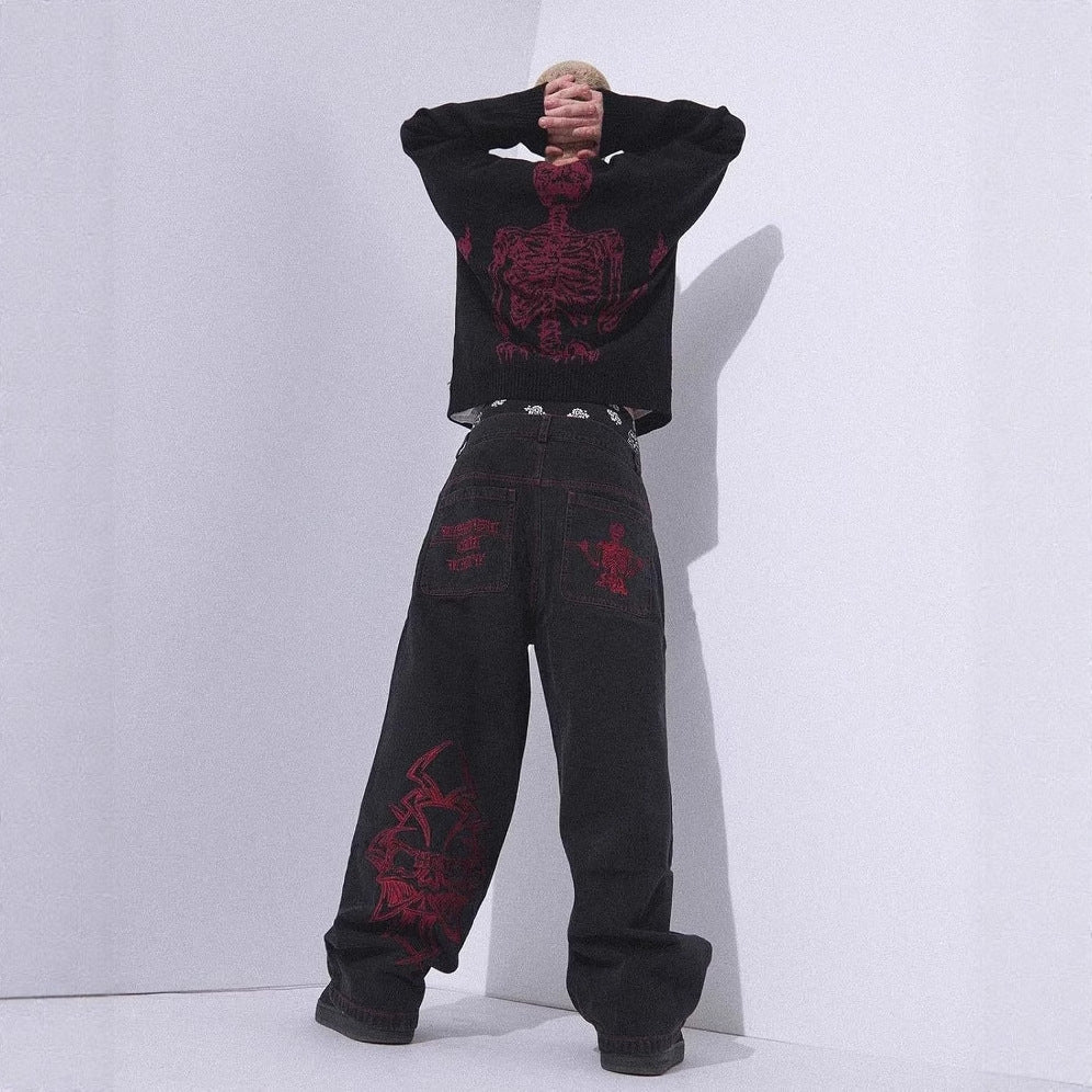 Retro Hip-Hop Goth Skeleton Embroidered Wide Leg Denim Jeans for Men