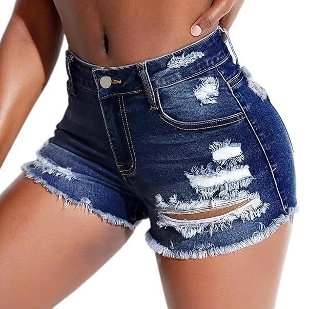 Hole-Trimmed High-Waisted Skinny Denim Shorts for Women - Fashionable Denim Pants
