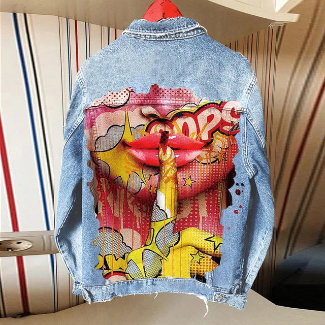 Women's  Denim Jacket with Finger to Lips Print