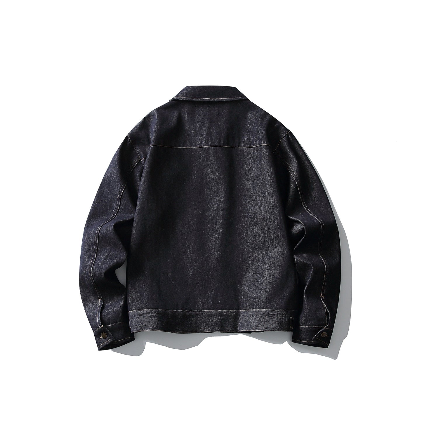 Short Denim Jacket with Topstitching Turn-down Collar