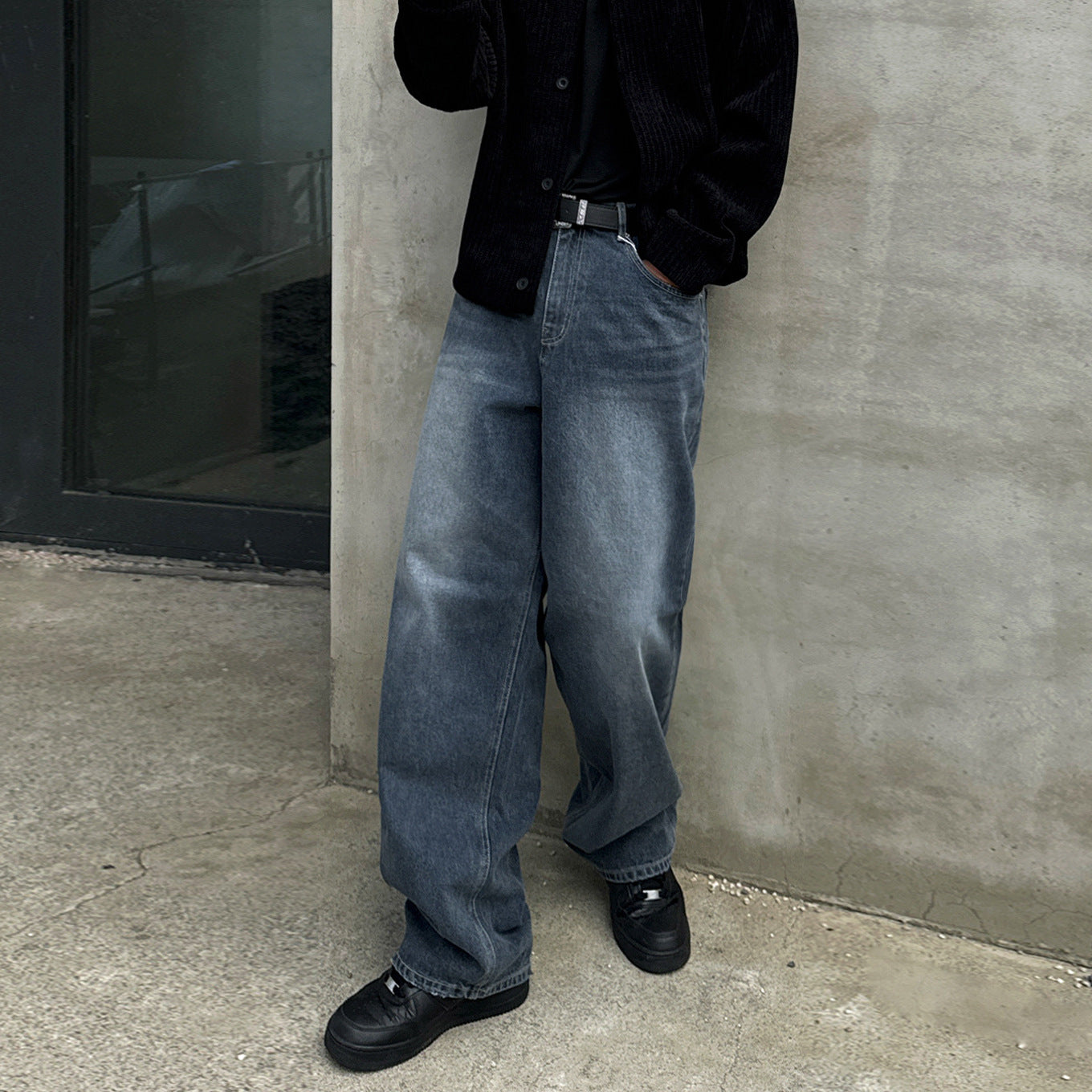 Vintage Denim Pants for Men - Loose Clean Fit Straight Leg Long Trousers Commuter Style Oversized Pants