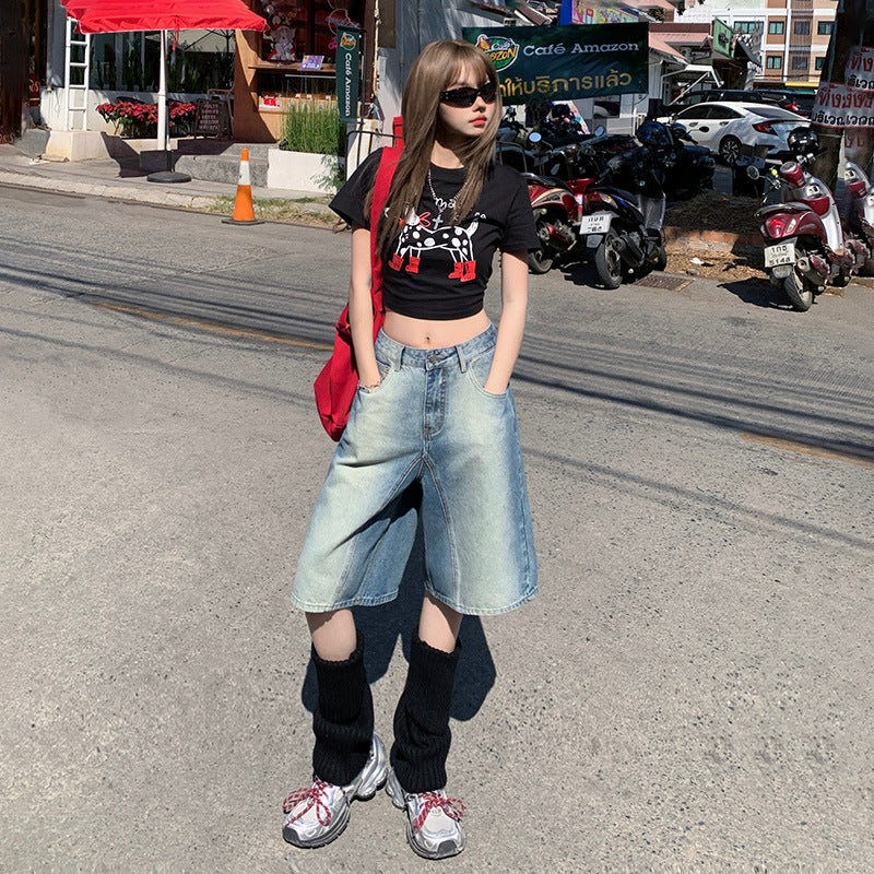 Women's Washed Straight Denim Shorts - Loose Slimming Gradient Color Five-Point Pants