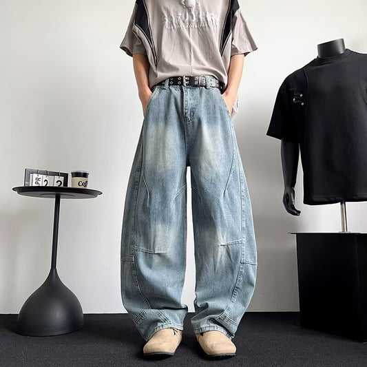 Casual Patchwork Washed Leather Loose Straight Leg Pants