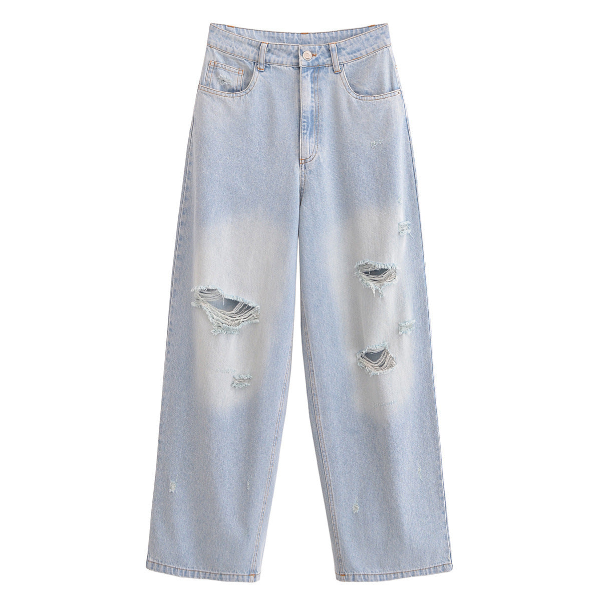 Versatile High-Waisted Ripped Loose Distressed Denim Pants for Women
