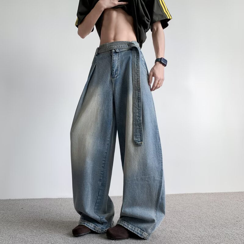 Strap Silhouette Wide Leg Curved Waist Belt Straight Leg Jeans