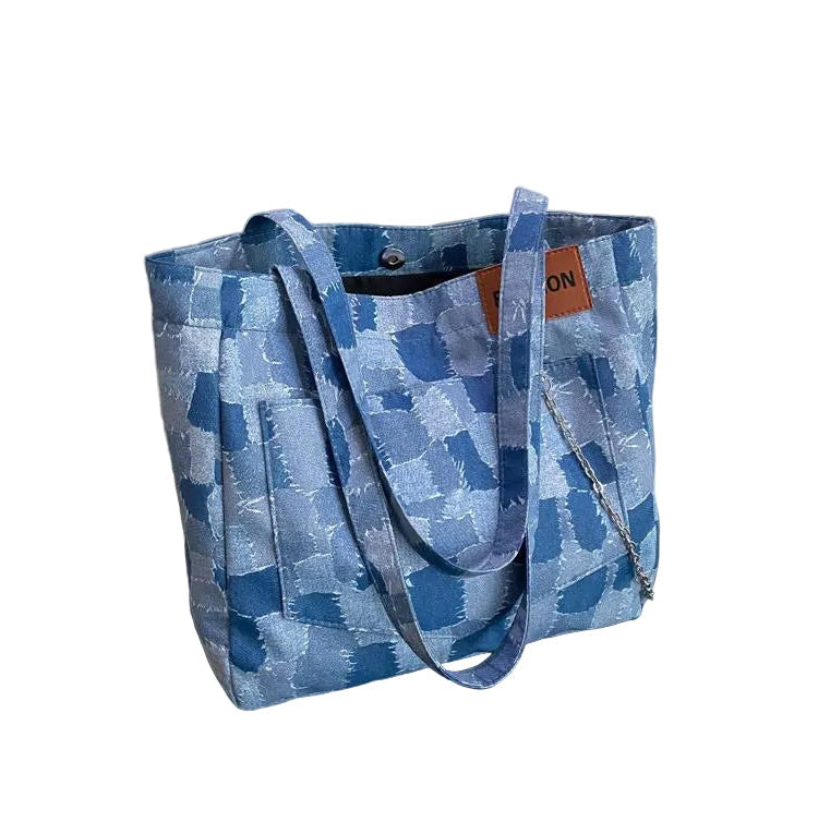 Women's One-Shoulder Denim Plaid Tote Bag