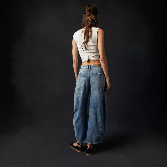 Elastic Loose Wide Leg Mid Low Waist Washed Denim Pants
