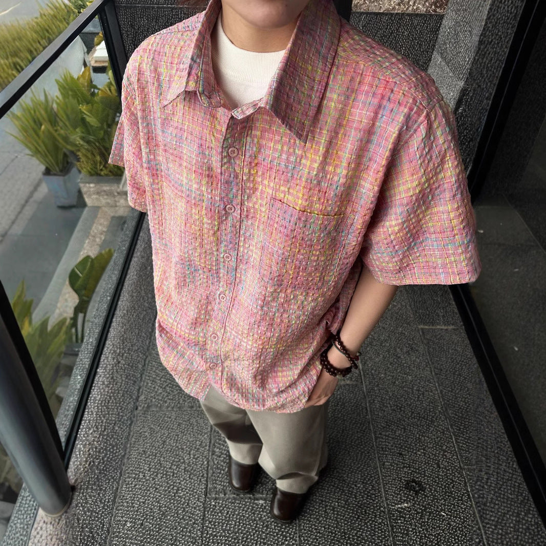 Woven Plaid Cross Yoke Loose Silhouette Short Sleeve Shirt