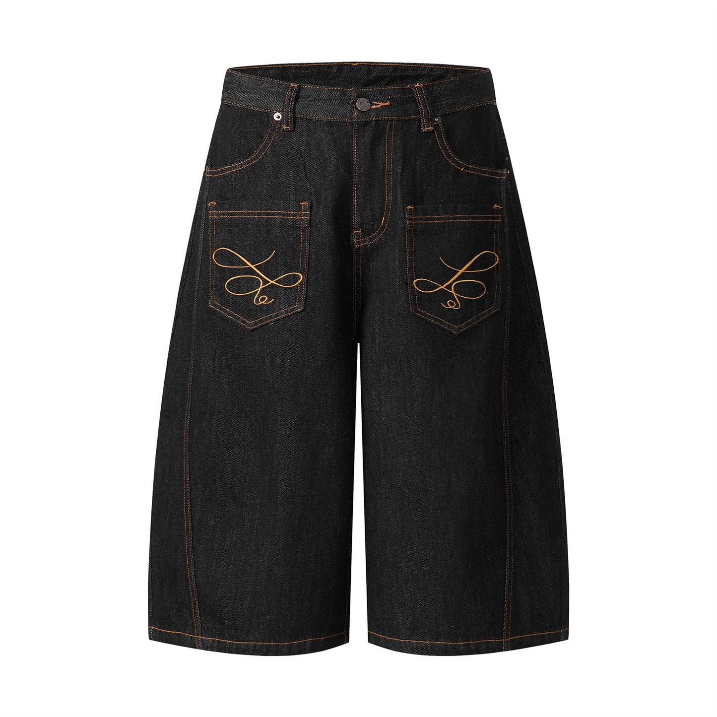 Unisex Curved Knife Denim Embroidered Mid-Length Shorts