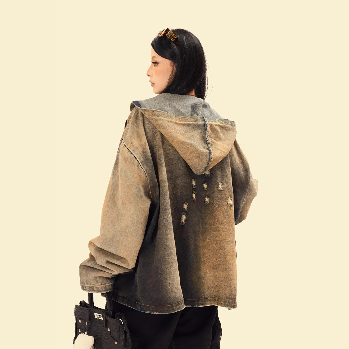 Washed Gradient Color Distressed Denim Jacket