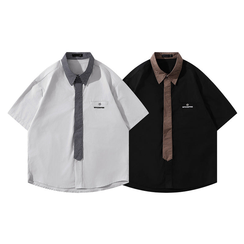 Short Sleeve Shirt for Men and Women, Loose Hong Kong Style Couple Tie Plaid Blouse