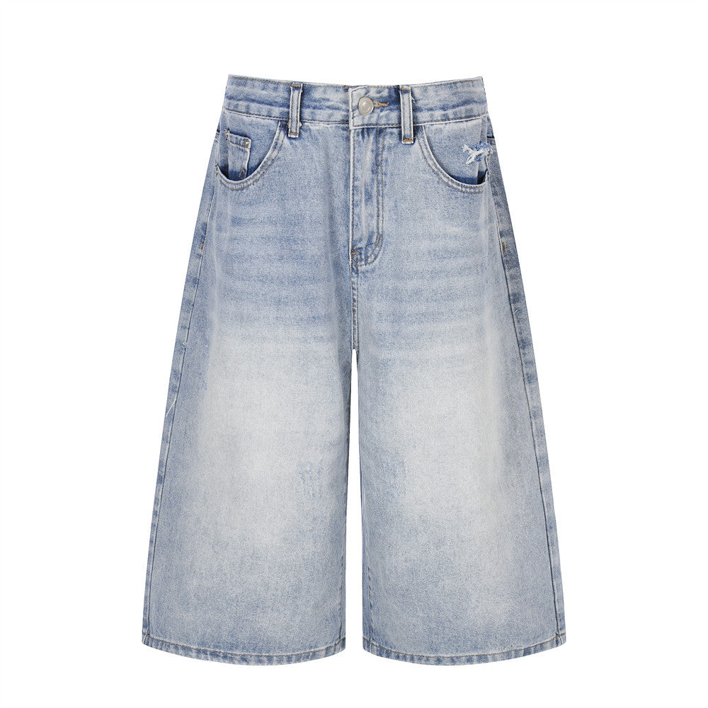 Vintage Blue Loose Denim Cropped Pants — Distressed Wash, Mid-Rise Loose Fit