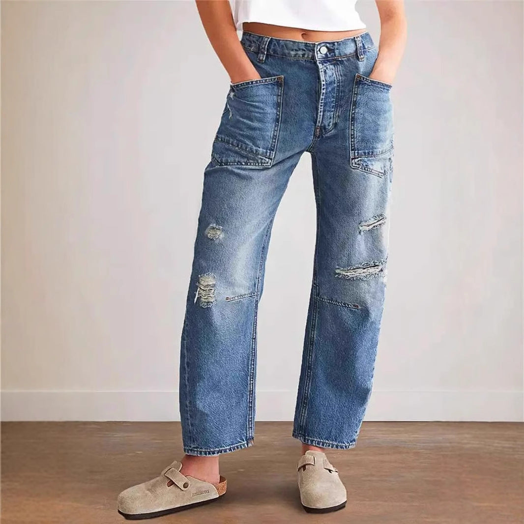 Broken Hole Straight Tube Casual Splicing Loose Jeans for Women