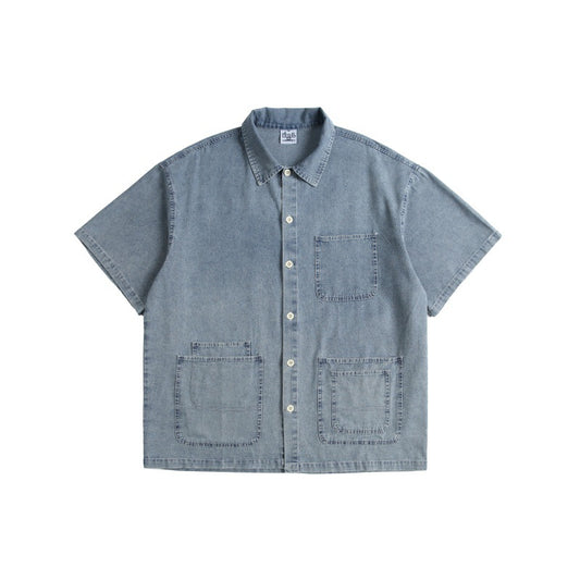 Retro Washed Vintage Adhesive Fabric Multi-Pocket Denim Shirt for Men