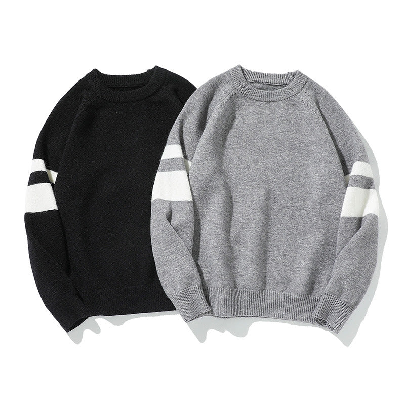 Color-Block Jacquard Round Neck Pullover Sweater for Men - Japanese Loose Retro Knitwear