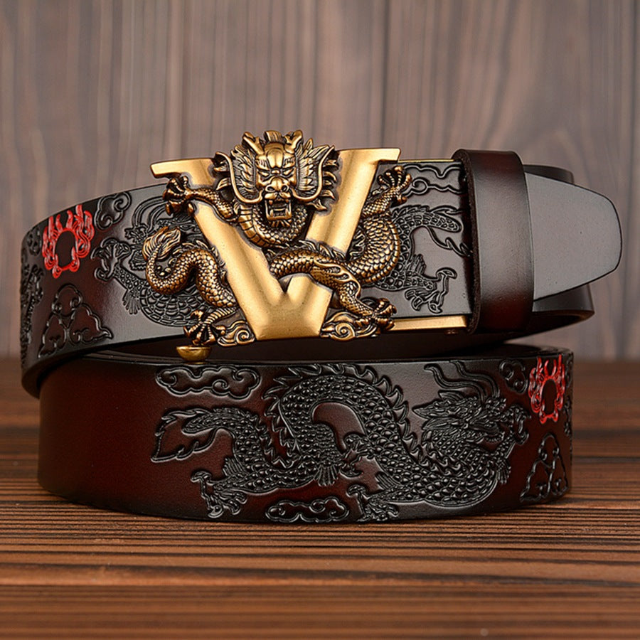 Chinese Dragon Belt Cowskin - Genuine Leather Belt  - Automatic Buckle