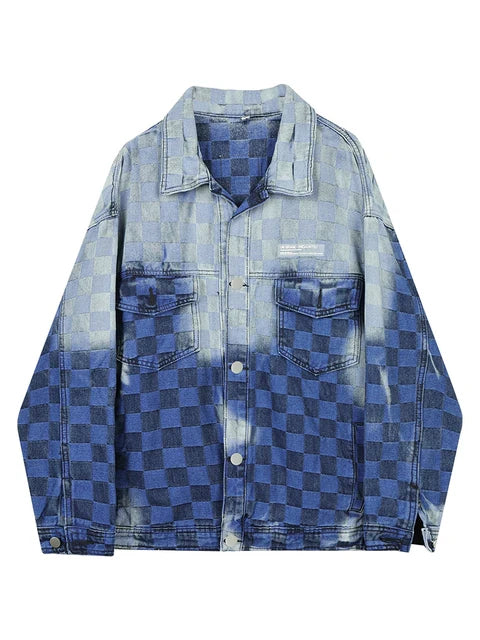 Women's Diamond Lattice Denim Coat with Gradient Color and Pocket Patchwork