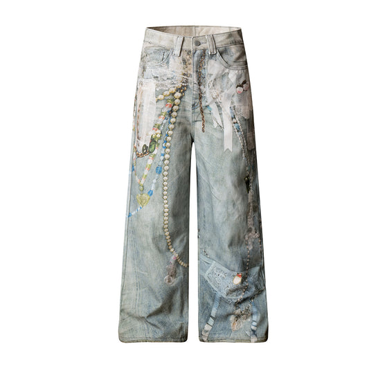 Premium Printed Washed Denim Pants with Loose and Wide Legs