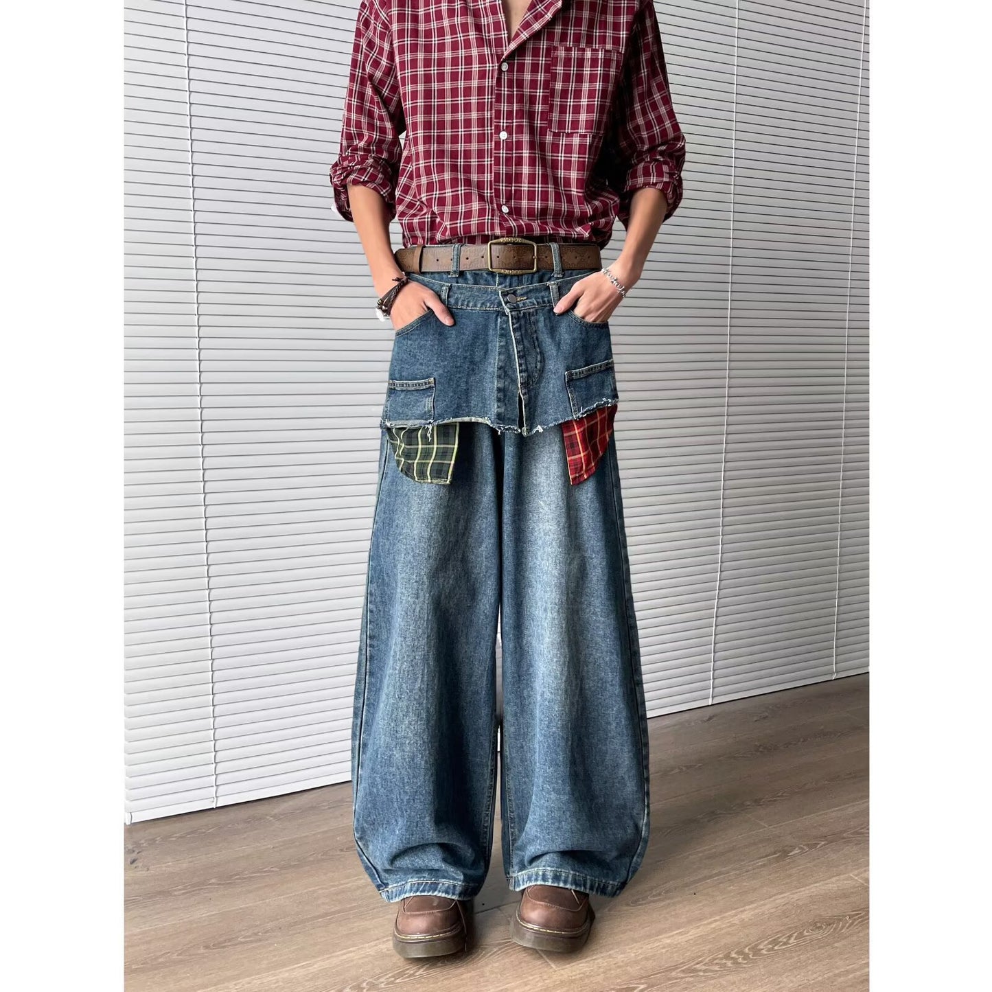 Retro Fake Two-Piece Checkered Patchwork Jeans for Men - Summer Style