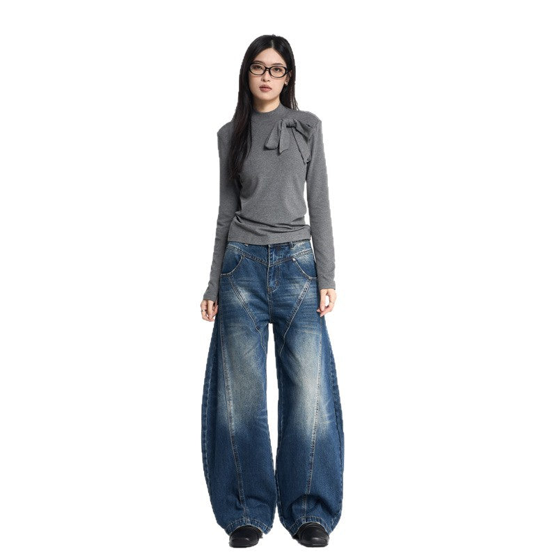 Women's Knife-Leg Jeans with Whiskers - Loose Casual Wide-Leg Pants