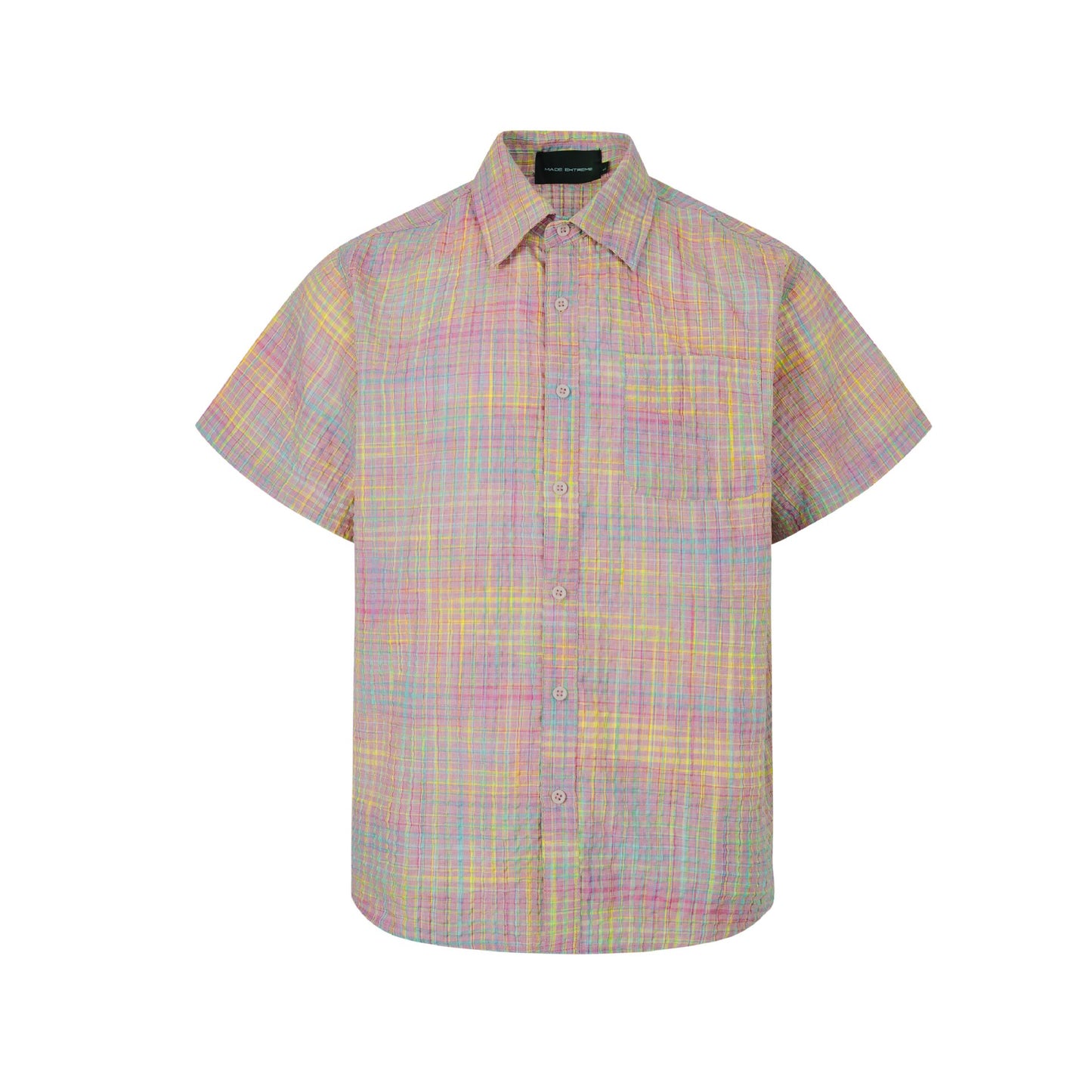 Woven Plaid Bubble Gauze Cross Yoke Loose Silhouette Short Sleeve Shirt