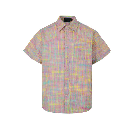 Woven Plaid Bubble Gauze Cross Yoke Loose Silhouette Short Sleeve Shirt