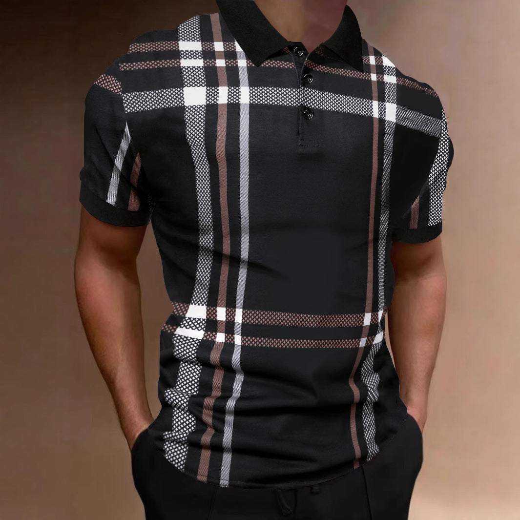 Geometric Pattern Printed Polo Shirt with Large Size Short Sleeves for Men