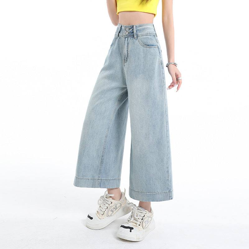 Light Blue Loose Straight Leg Cropped Ice Silk Wide Leg Pants for Women