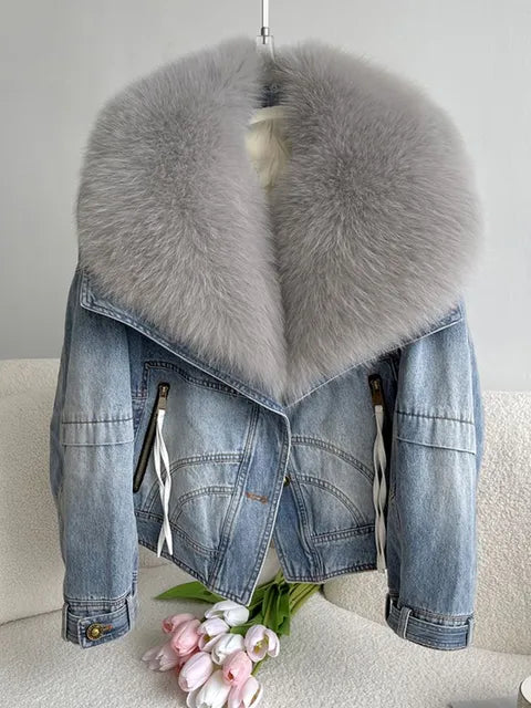Women's Casual Denim Jacket with Fox Fur Collar