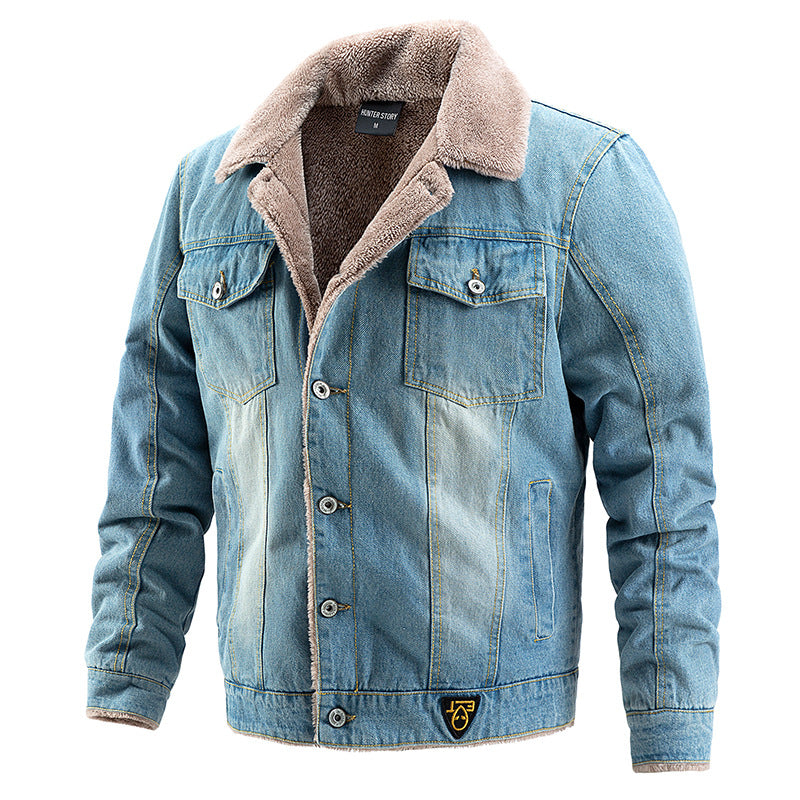 Men's Thick Plush Denim Jacket for Casual Wear