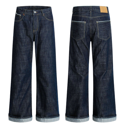 Original Denim Blue Jeans for Men and Women - Vintage Washed Loose Fit Wide Leg Straight Trousers
