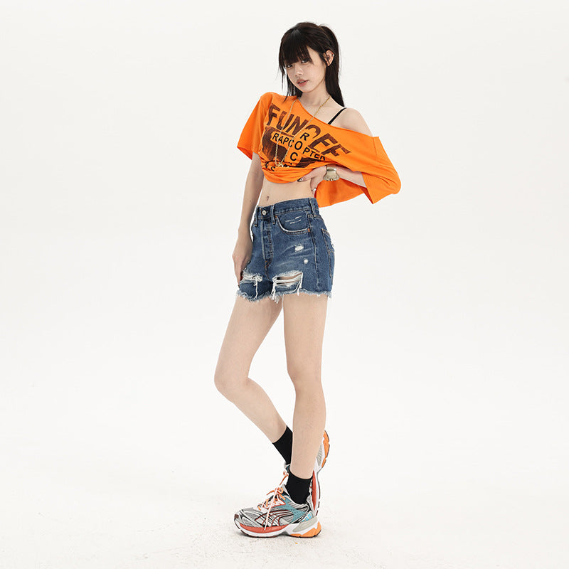 Blue Distressed Frayed Denim Shorts for Women - Summer Loose A-Line Wide Leg Hot Pants